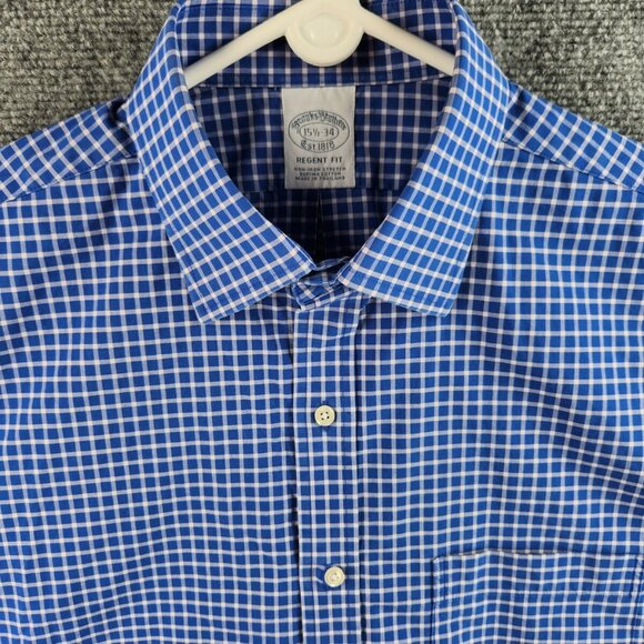 Brooks Brothers 15.5 34 Regent Blue Check Button Up Long Sleeve Non Iron Stretch - Picture 1 of 15
